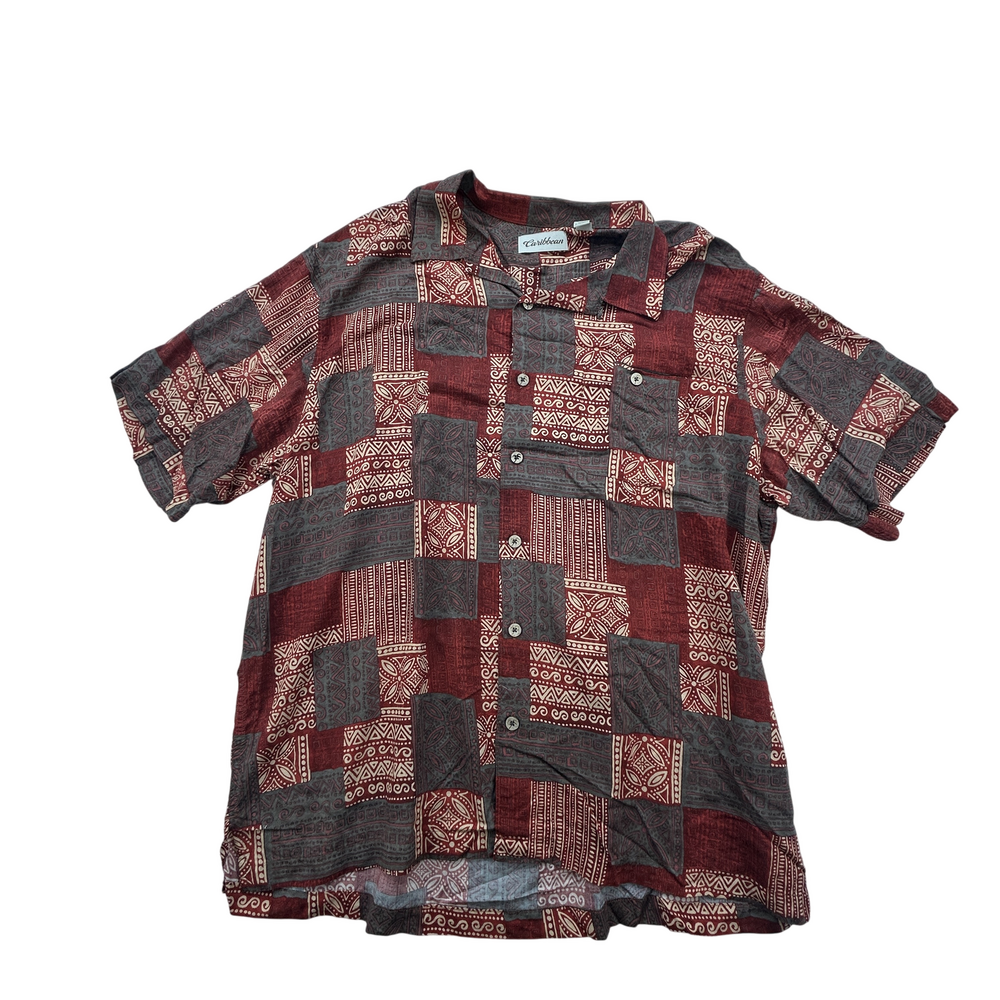 Caribbean Joe Shirt Mens XL Button Up Short Sleeve Rayon Geometric Retro Top